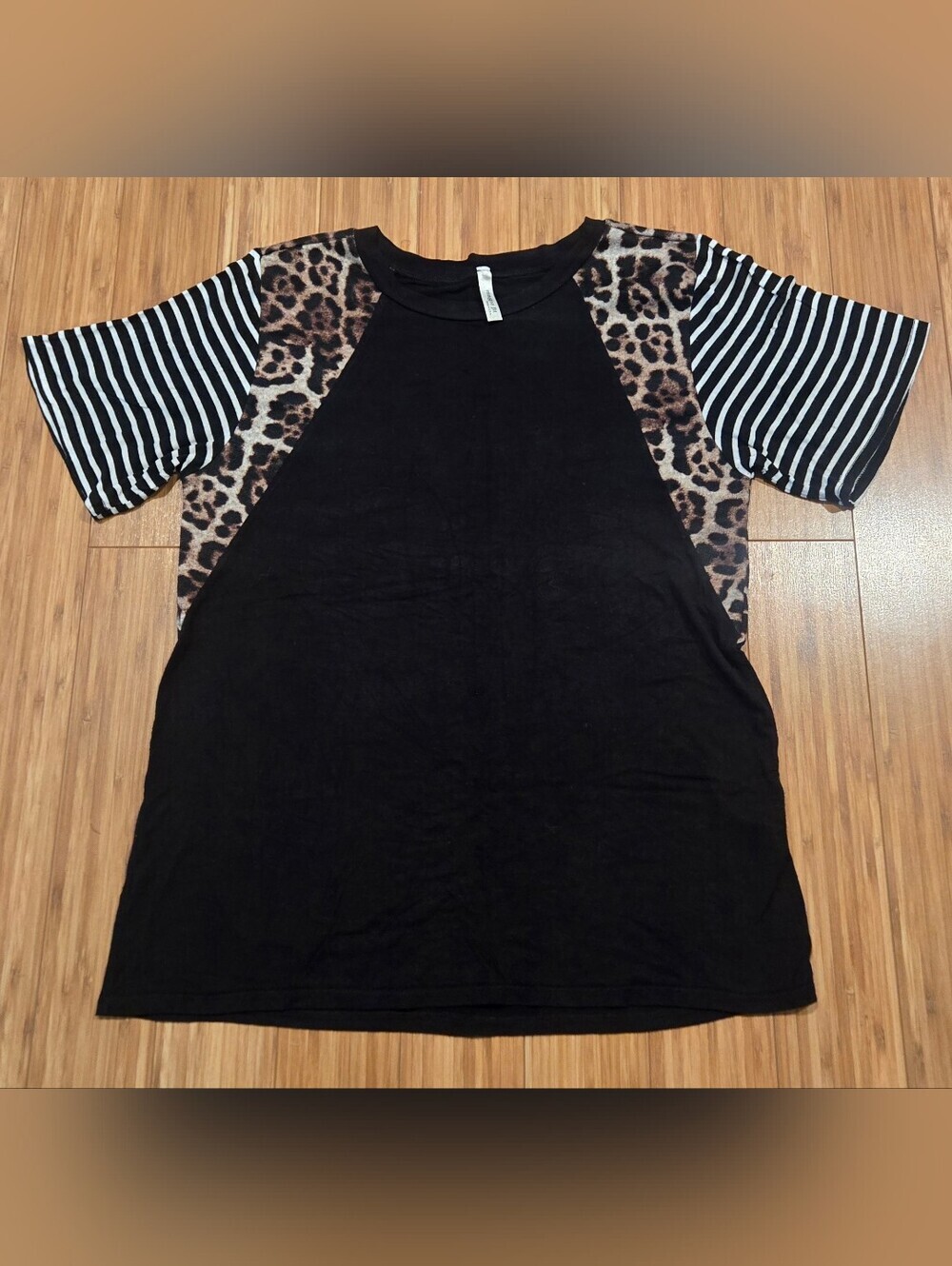 Magie Fit Black Raglan Top with Leopard & Striped Sleeves